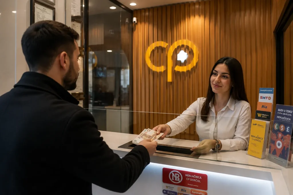 Klijent predaje novac na šalteru moderne menjačnice CP Dorćol u toplom i profesionalnom enterijeru.