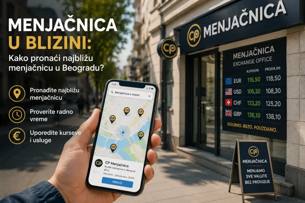 Pronalaženje najbliže menjačnice u Beogradu pomoću mape na telefonu.