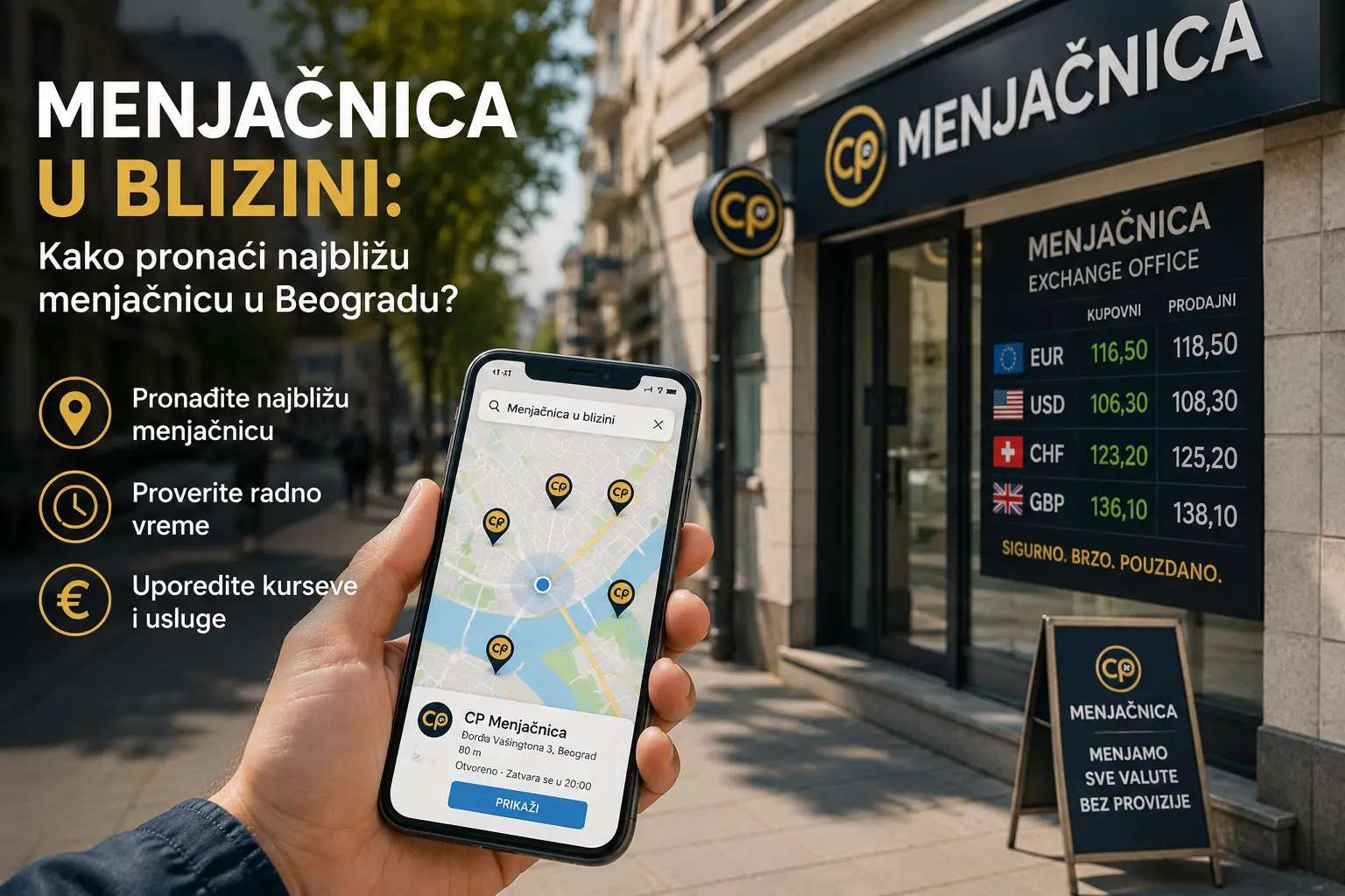 Pronalaženje najbliže menjačnice u Beogradu pomoću mape na telefonu.
