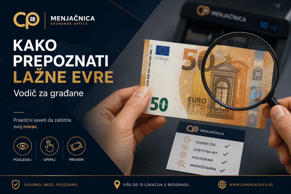 CP Menjačnica - Kako prepoznati lažne evre: vodič za građane sa prikazom proveravanja novčanice od 50 evra pomoću lupe i bezbednosnih elemenata evro novčanice.