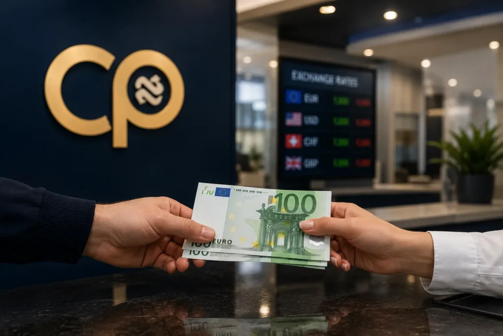 Razmena evra u CP Menjačnici u Beogradu uz prikaz kursne table i modernog enterijera menjačnice.