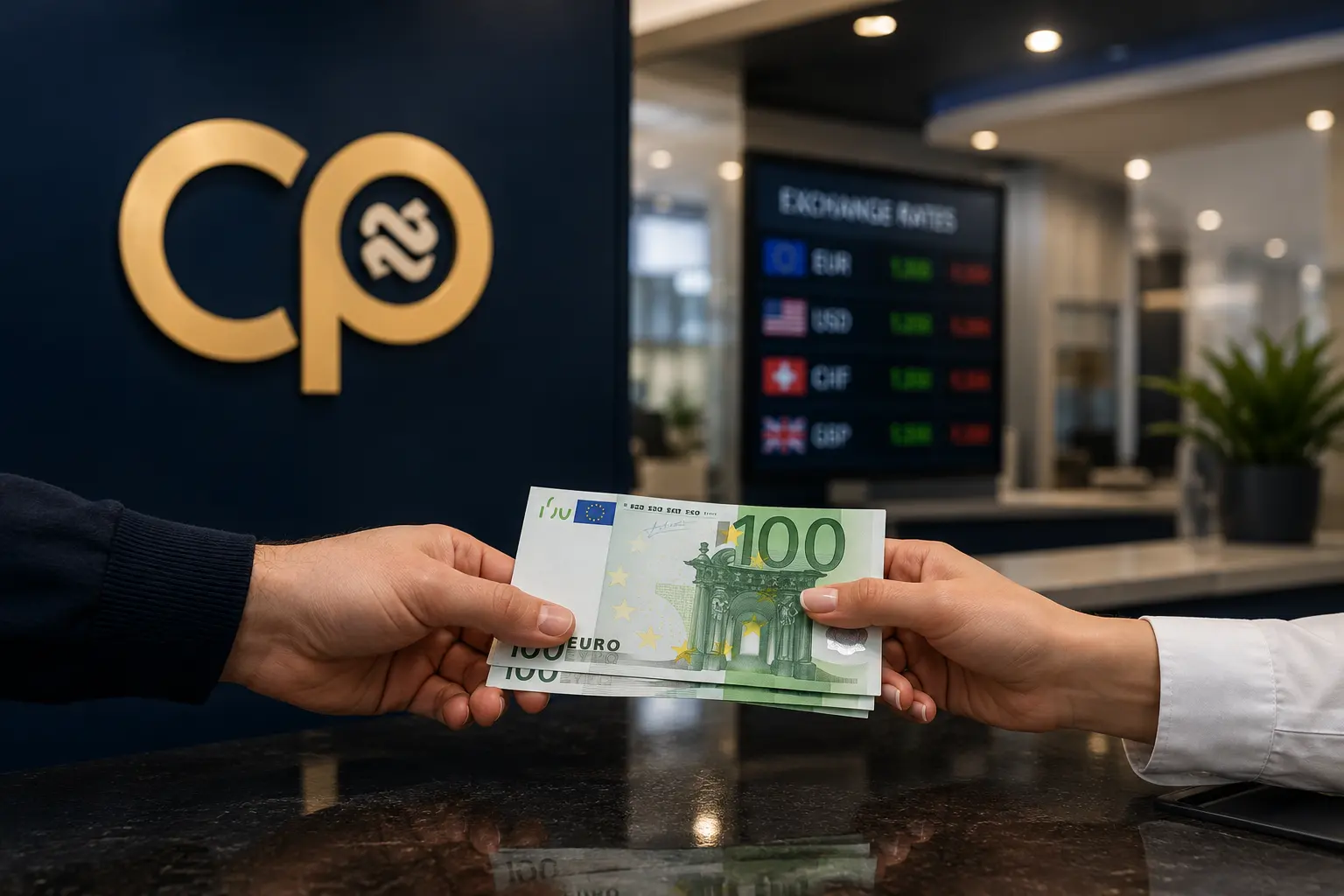 Razmena evra u CP Menjačnici u Beogradu uz prikaz kursne table i modernog enterijera menjačnice.